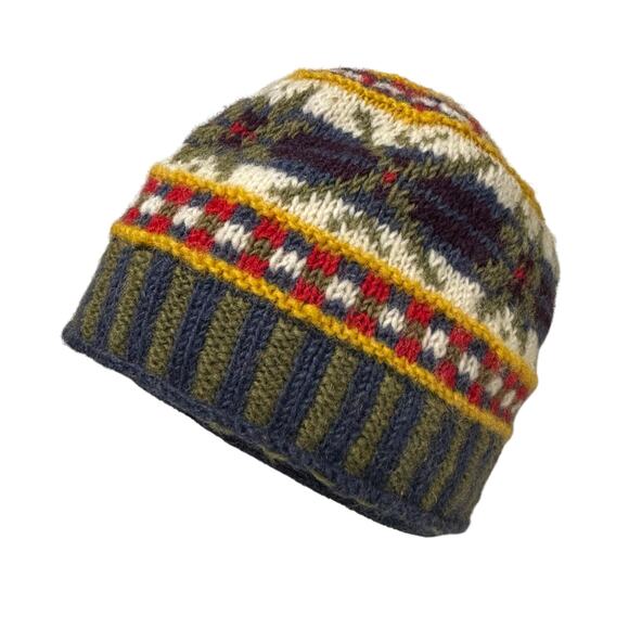 Fleece lined knit beanie cap hat 100% wool made in Nepal multi color unisex - Picture 2 of 9